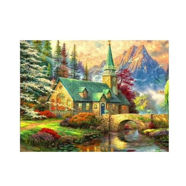 Pintura de diamante 5D DIY, 30 x 40 cm, piedra, iglesia, montañas y bosque, paisaje otoñal, redondo, diamantes de imitación, bordado, punto de cruz 1