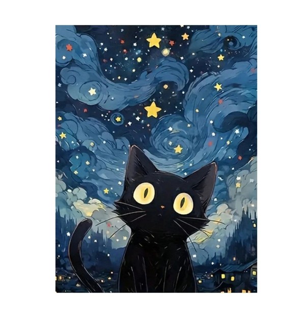 Pintura de diamante 5D DIY 30x40cm Gato negro bajo el cielo estrellado Mosaico de animales Decoración de pared hecha a mano Arte relajante 1