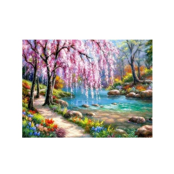 Pintura de diamantes 5D DIY, 30 x 40 cm, río primaveral, flores de Sakura rosa y árboles, diamantes de imitación redondos, punto de cruz, bordado 1