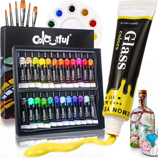 Pinturas para vitrales set 24 pcs Tubos 12 ml Acrílico resistente al agua para vidrio En el paquete 6 pinceles y paleta de mezcla Frascos 1