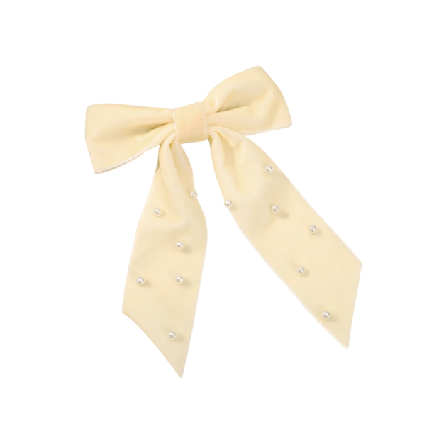 Pinza para el cabello con lazo de terciopelo y perlas Elegante adorno para el cabello Accesorio elegante Pinza para el cabello con perlas Delicado lazo para mujeres y niñas crema