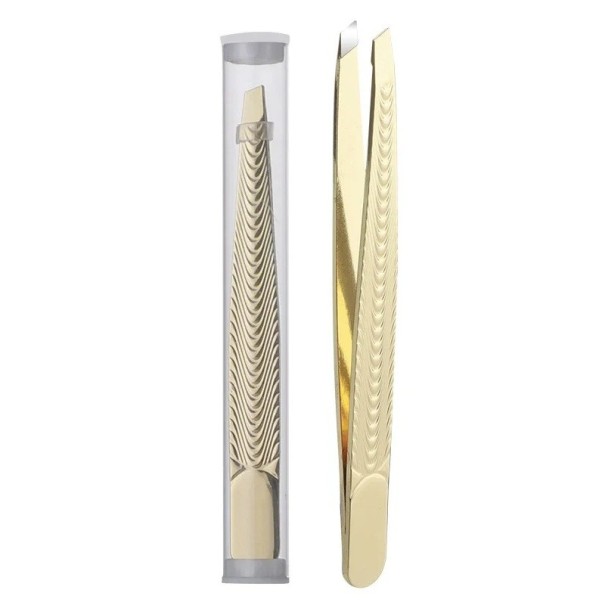 Pinza profesional de cejas 9,6 x 1 cm Pinza de acero inoxidable para pestañas y barba Herramienta cosmética para mujeres y hombres Depilador de vello facial dorado