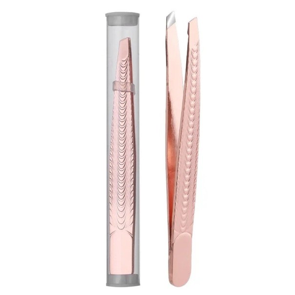 Pinzette für Augenbrauen mit schrägem, abgeschrägtem Ende 9,6 x 1 cm Edelstahl mit strukturiertem Griff zum Zupfen von Härchen und Formen der Augenbrauen rosa