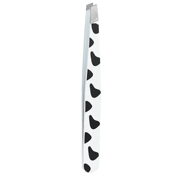 Pinzette für Augenbrauen Schrägspitze Maße 9,5 x 1,1 cm Edelstahl Muster von Kuhflecken Weiß-Schwarz Zur Augenbrauenformung und zum Zupfen von Härchen