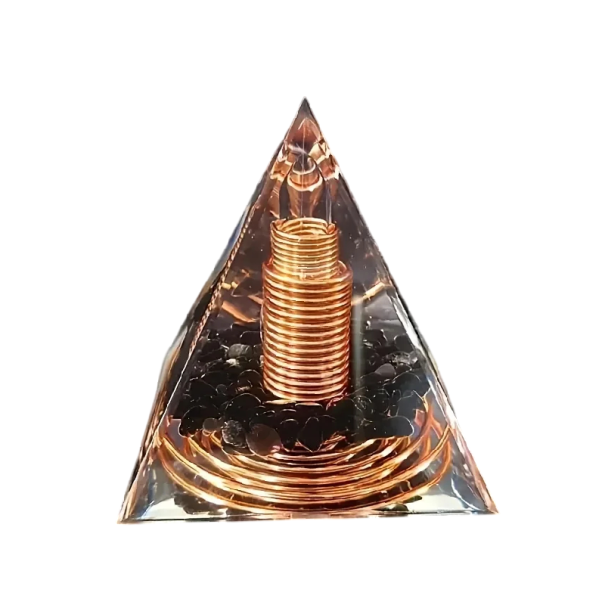 Piramidă Orgonită cu Obsidian 5×5 cm rășină cu spirală metalică decorare negru-aurie pentru interior și colecționari 1