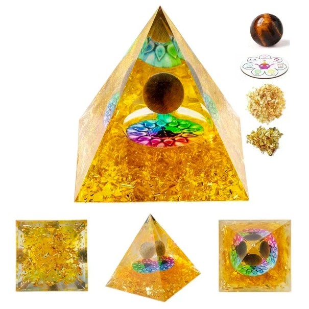 Pirámide decorativa de cristal 5x5 cm con ojo de tigre Pirámide de chakra dorado Cristal con cuarzo rutilo Energía de salud y autoconfianza 1