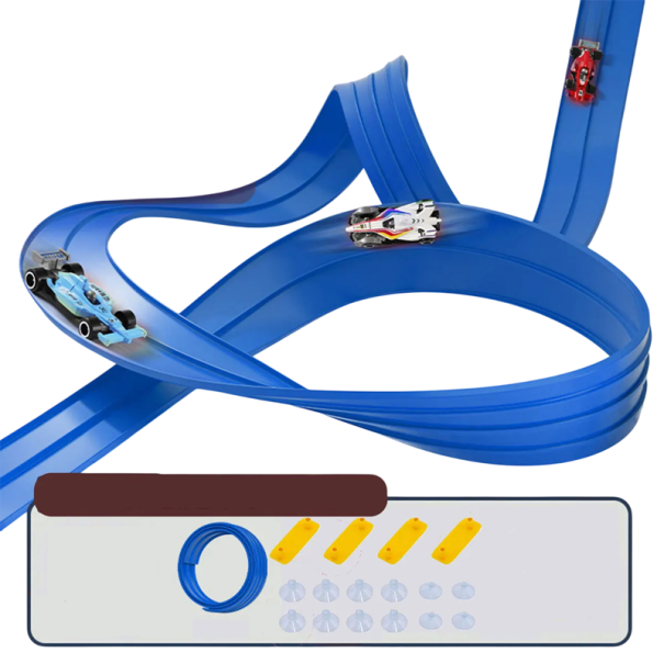 Pista da corsa flessibile per bambini 5m con ventose 4 macchinine in colore casuale Giocattolo interattivo per bambini blu