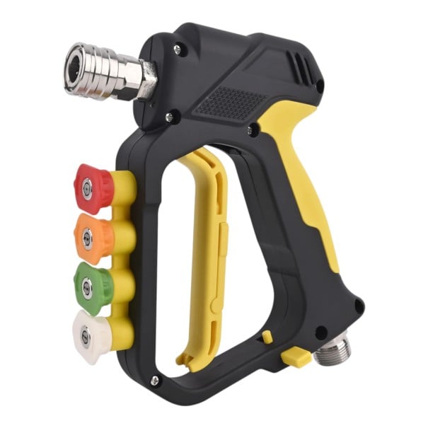 Pistola a spruzzo corta per idropulitrice 345 bar Ingresso M22 Attacco rapido 1/4" Supporto e 4 ugelli Ottone Nero-giallo Per lavaggio auto 1
