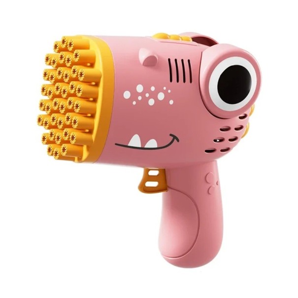 Pistola de bolhas dinossauro para crianças 40 orifícios Pistola elétrica de bolhas para jogos ao ar livre e festas presente para crianças rosa
