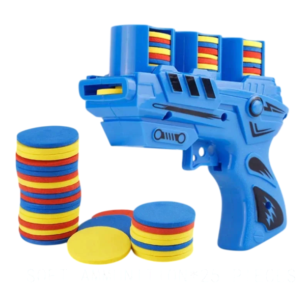 Pistola de brincar para crianças com 25 projéteis macios Pistola de plástico para crianças Brinquedo de ação seguro para rapazes e raparigas azul