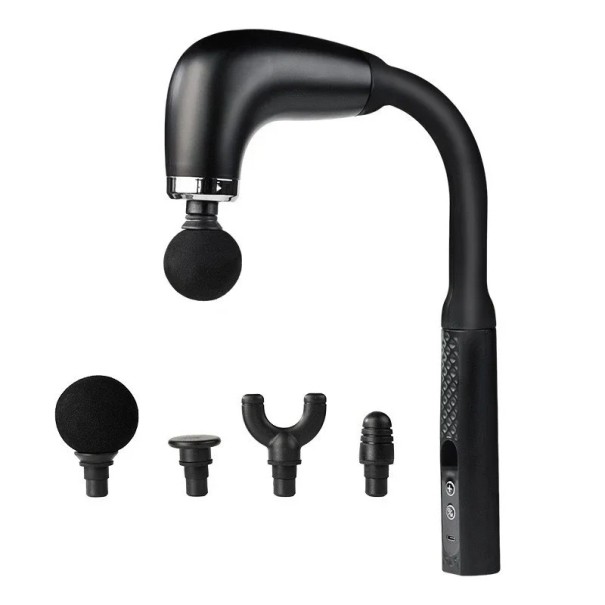 Pistola de masaje con mango largo, 6 modos de velocidad, 4 cabezales de masaje, carga USB, funcionamiento silencioso para un alivio efectivo negro