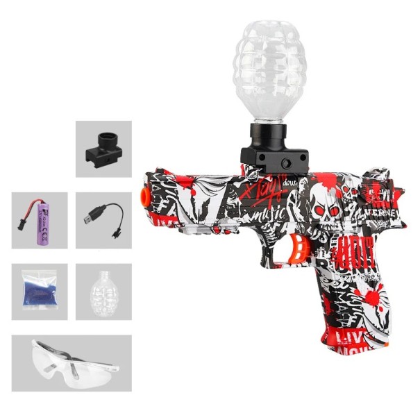 Pistola elétrica para bolas de gel 7-8mm para crianças Glock com carregador, óculos de proteção e carregamento USB, alcance 15m vermelho