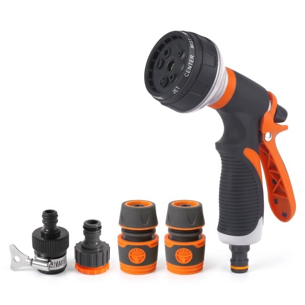 Pistolet de pulvérisation de jardin sur tuyau Ensemble de 5 pièces 8 modes Raccords rapides 1/2 pouce et adaptateurs TPR Orange-gris Arrosage 1