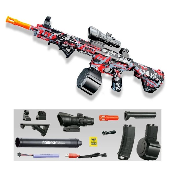 Pistolet électrique à billes de gel avec chargeur tambour et viseur laser Mitrailleuse automatique pour enfants à munitions aquatiques rouge