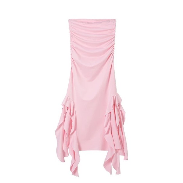 Pitkä olkaimeton iltapuku, jossa on epäsymmetrinen röyhelöhelma ja korkeat halkiot. Elegantti istuva juhlamekko. vaaleanpunainen XL