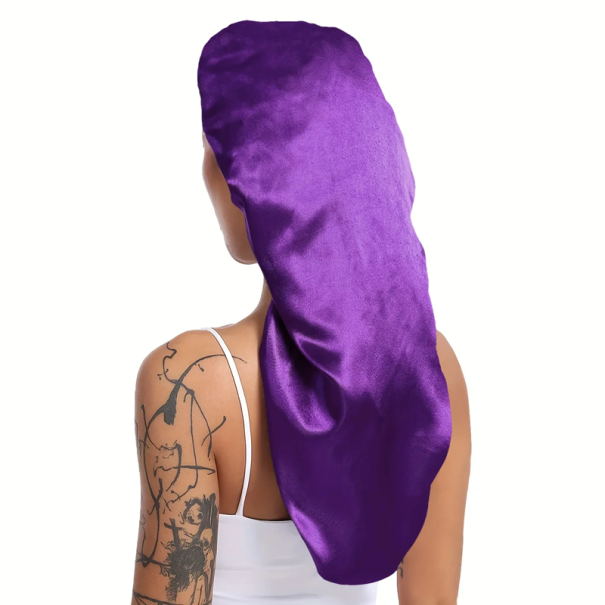 Pitkä satiiniyömyssy 30 x 66 cm Silkkinen yömyssy kiharatukkaisille, rasta- ja letityksellisille naisille, yleiskoko 50-66 cm violetti