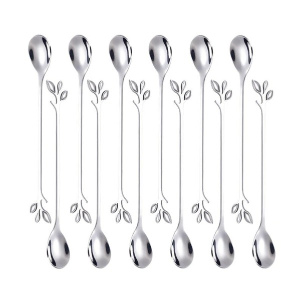 Pitkä teelusikka ruostumatonta terästä Koristeellinen lehtikahva Jälkiruokalusikat kahville teelle jäätelölle hedelmille Tyylikkäät aterimet 12 kpl hopeinen