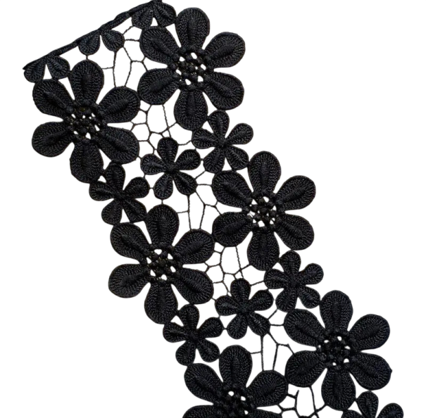 Pizzo ricamato con motivo floreale 91 cm larghezza 10 cm Poliestere impermeabile tessuto pizzo decorativo per cucire abbellimenti per abbigliamento nero