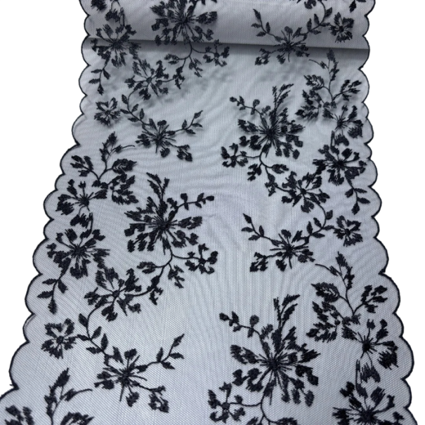 Pizzo ricamato in rete 21 cm x 91 cm Pizzo decorativo in poliestere con motivo floreale Tessuto decorativo per cucire decorazioni nero