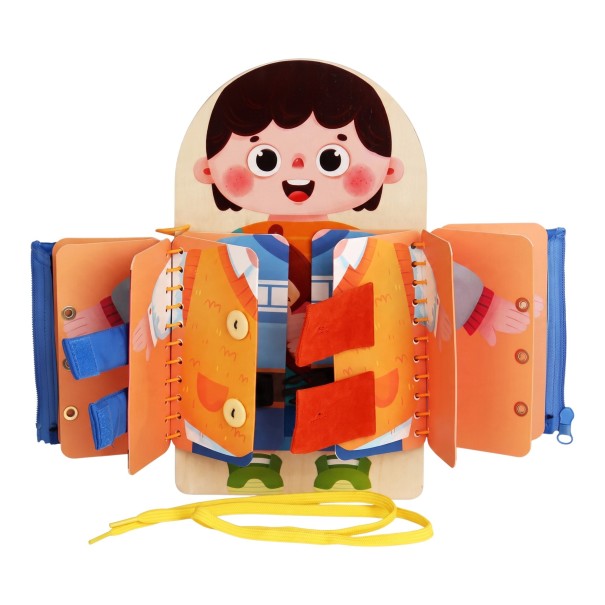 Placa de Vestir Montessori em Madeira Rapaz 30 x 20 cm Com Botões, Fecho, Velcro e Cadarço Brinquedo Educativo para Bebés 1