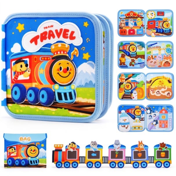 Placa Montessori ativa Viajante Busy book 20 x 20 x 7 cm com vagões e bolsa Brinquedo sensorial para crianças dos 3 aos 6 anos 1
