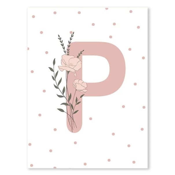Plagát na stenu 30 x 40 cm Minimalistické písmeno „P“ s kvetinou Plátenný plagát bez rámu Moderná dekorácia do detskej izby 1