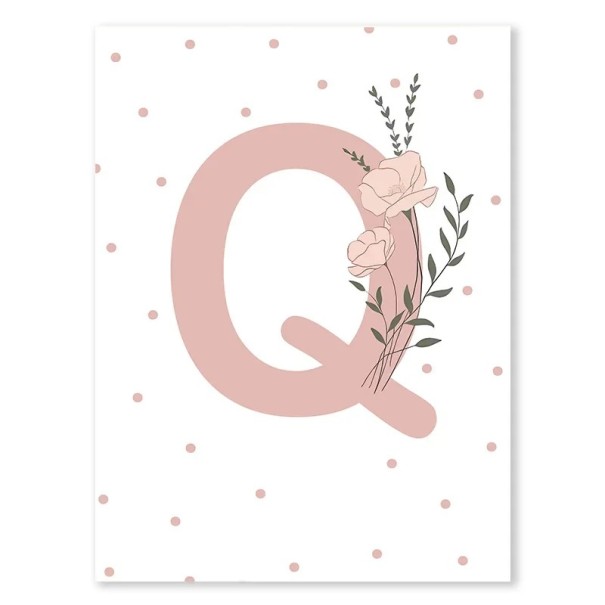 Plagát na stenu 30 x 40 cm Minimalistické ružové písmeno „Q“ s kvetinou Plátnený nástenný plagát bez rámu Dekorácia do dievčenského pokoja 1