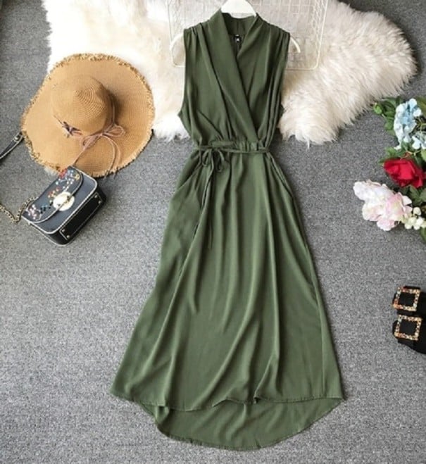 Plain Sleeveless Dress army green
