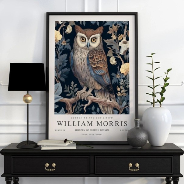 Plakaat met botanisch motief van een uil William Morris 20x30 cm polyester doek blauw bruin beige wanddecoratie voor interieur 1