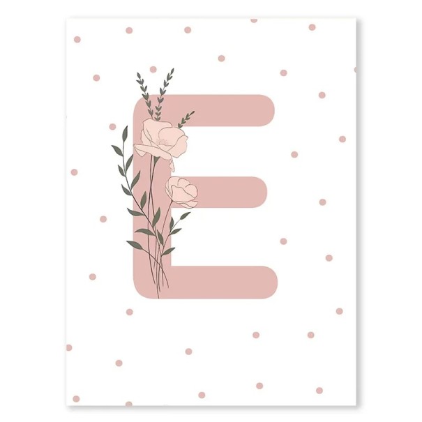 Plakat 50 x 70 cm Lyserødt bogstav E med blomst Lærredsbillede uden ramme Vægbesmykning til pigeværelset og børneinteriør 1
