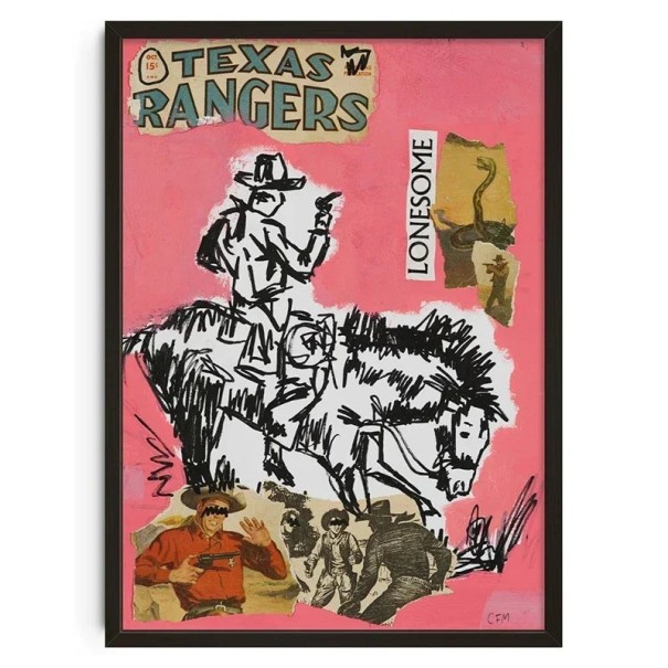 Plakát de perete western Texas Rangers cowboy pe cal 50 x 70 cm print pe pânză fundal roz decorare interioară fără ramă 1