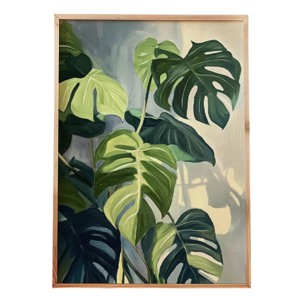 Plakat decorativ cu frunze de monstera 50×70 cm, desen botanic verde pe pânză, execuție moale, fără ramă, decorare pentru perete 1
