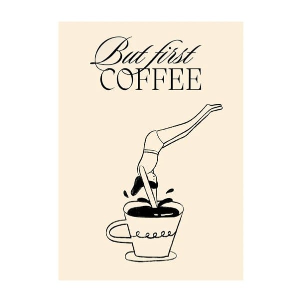 Plakat decorativ pentru perete cu motivul saltului în ceașcă de cafea 30 x 42 cm print pe pânză bej negru decor minimalist pentru apartament și cafenea fără ramă