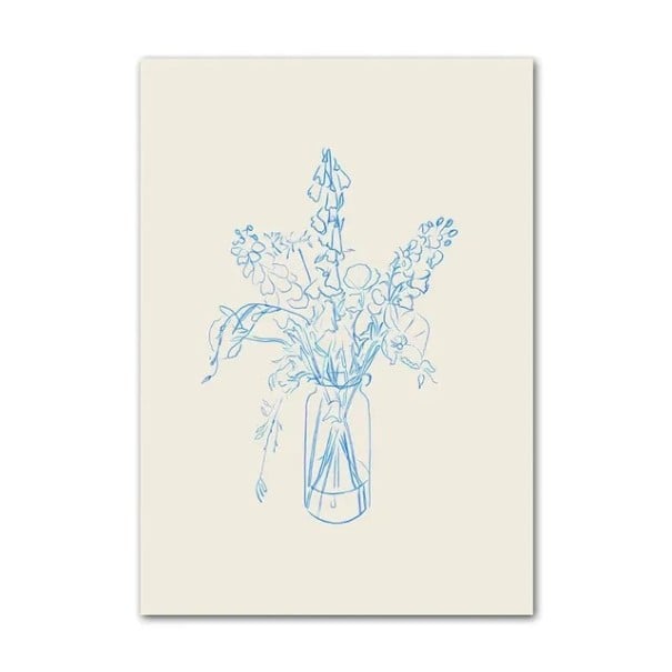 Plakat mare pentru perete cu vază și flori 50 × 70 cm print pe pânză minimalistă albastru-bej motiv liniar decorare interior 1