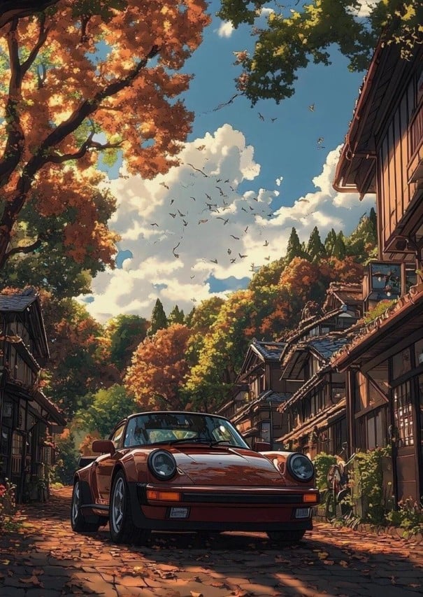 Plakat na ścianę 20 x 30 cm Czerwone Porsche 911 w jesiennej scenerii Rysunkowy wydruk na płótnie bez ramy Dekoracja do pokoju dla miłośników 1