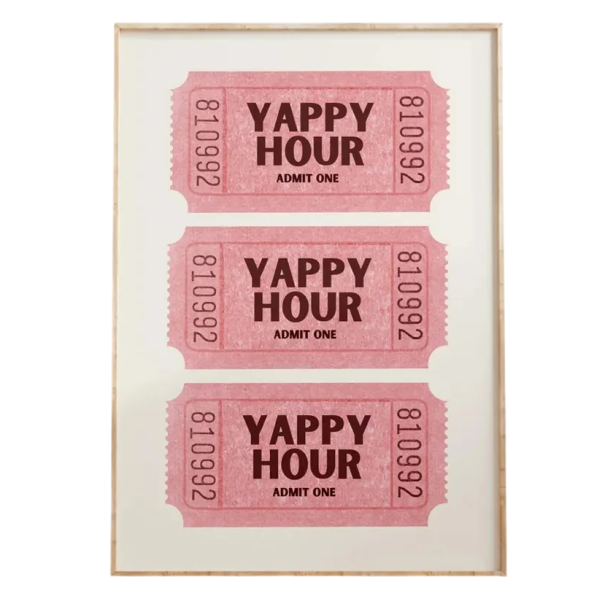 Plakat na ścianę różowe bilety Yappy Hour 30 × 40 cm druk na płótnie miękki plakat różowa dekoracja do mieszkania bez ramy 1
