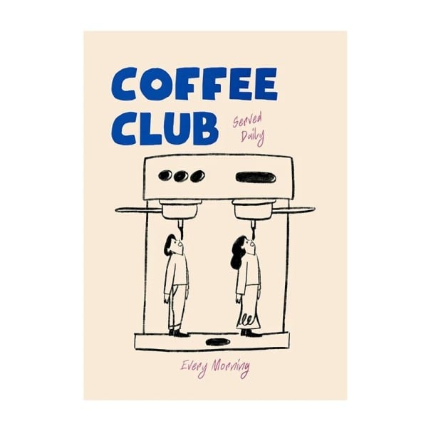 Plakát na zeď coffee club s kávovarem a ilustrací lidí 30 × 42 cm tisk na plátno béžová modrá dekorace do bytu i kavárny bez rámu 1