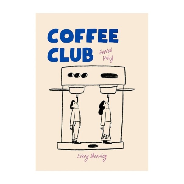 Plakat på väggen coffee club med kaffemaskin och illustration av människor 30 × 42 cm tryck på duk beige blå dekoration för hemmet och kafé utan ram 1