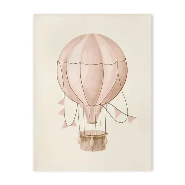 Plakat pe perete cu ilustrația unui balon cu aer cald 15 x 20 cm imprimat pe pânză tonuri delicate de roz 1