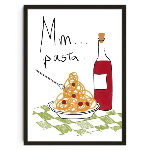 Plakát pe perete cu spaghete desenate și vin 30 x 40 cm print pe pânză motiv colorat decorare bucătărie pentru apartament fără ramă 1