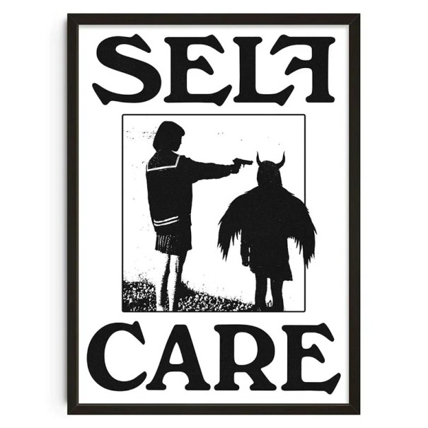 Plakát pe perete motiv self care cu figură și text 30 x 40 cm print pe pânză alb-negru decor minimalist pentru apartament fără ramă 1