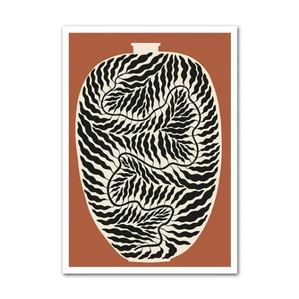 Plakat pe perete vază abstractă cu model liniar 20 × 30 cm print pe pânză fundal maro elemente alb-negru decorare interior fără ramă