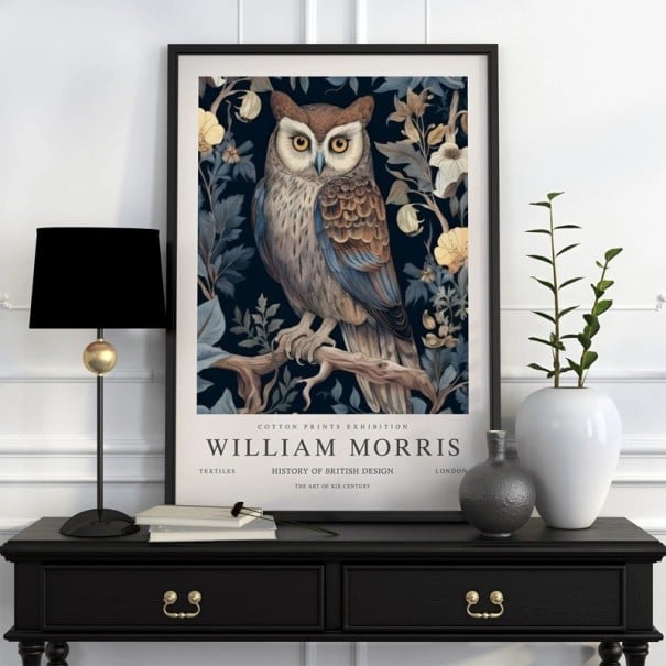 Plakát se sovou a botanickým motivem William Morris 40x60 cm polyesterové plátno modro-béžový dekorace na zeď do interiéru 1