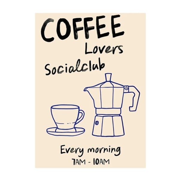 Plakat til væg med motiv af kaffeelskere moka kande og kop 50 x 70 cm tryk på lærred beige dekoration til køkkenet i lejligheden og caféen uden ramme 1