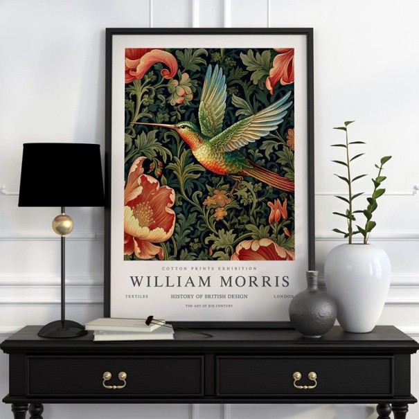 Plakat William Morris botanicki motyw z kolibříkiem 40x60 cm poliesterowe płótno kolorowa dekoracja ścienna do wnętrza 1