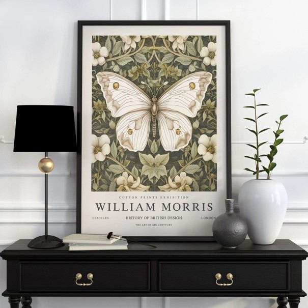 Plakát William Morris botanický motiv s bílým motýlem 40x60 cm polyesterové plátno světlá dekorace na zeď do interiéru 1