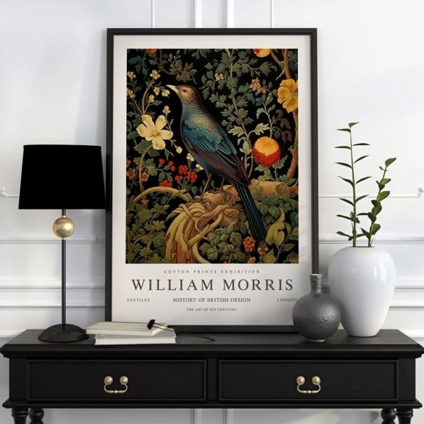 Plakát William Morris cu motiv botanic al unui păun 30x40 cm pânză din poliester neagră cu flori decorare perete pentru interior