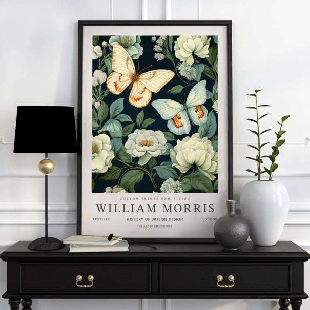 Plakát William Morris flori și fluturi 50x70 cm pânză din poliester albastru închis verde decorare pe perete pentru interior 1