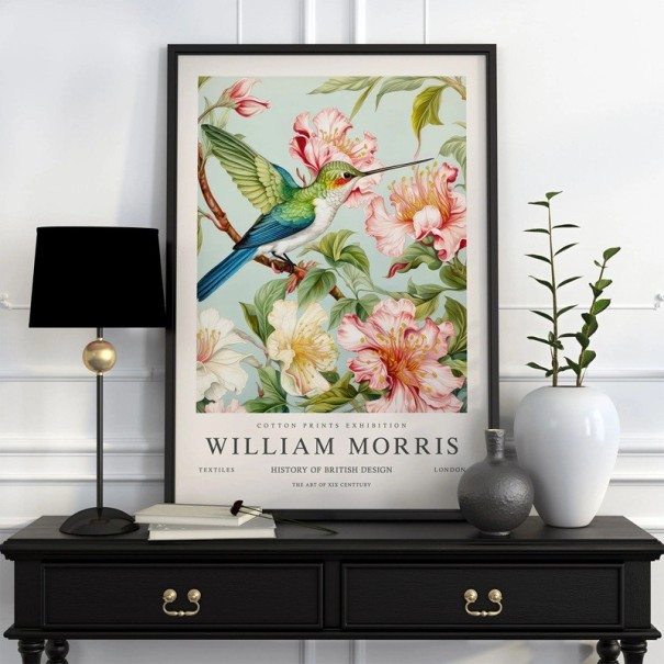 Plakat William Morris mit Kolibri und Blumenmotiv 50x70 cm Polyesterleinwand mehrfarbig Wanddekoration 1