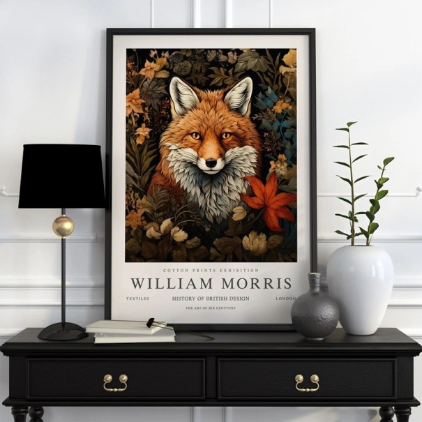 Plakát William Morris motiv botanic cu vulpe 40x60 cm pânză din poliester decorare colorată pentru perete în interior 1